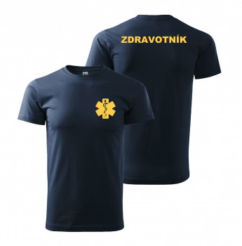 Kokardy.cz ® Tričko ZDRAVOTNÍK námořní modrá se žlutým potiskem - S pánské