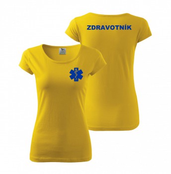 Kokardy.cz ® Tričko dámské ZDRAVOTNÍK žluté s modrým potiskem - XS dámské