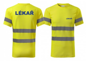 Kokardy.cz ® Reflexní tričko žlutá Lekář modrý potisk - XL pánské