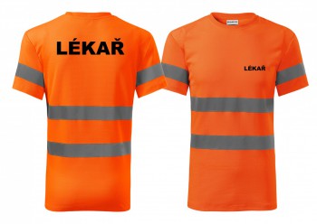 Kokardy.cz ® Reflexní tričko oranžová Lekář černý potisk - XS pánské